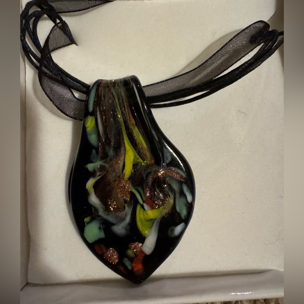 Murano Black and Yellow Art Glass Organza Layered Necklace NWOT
